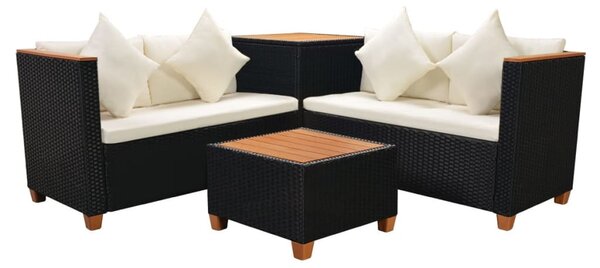 4-részes fekete polyrattan kerti bútorszett párnákkal
