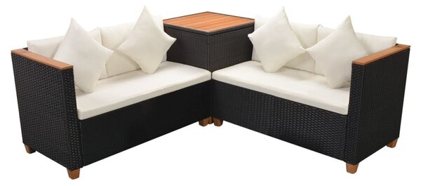 4-részes fekete polyrattan kerti bútorszett párnákkal