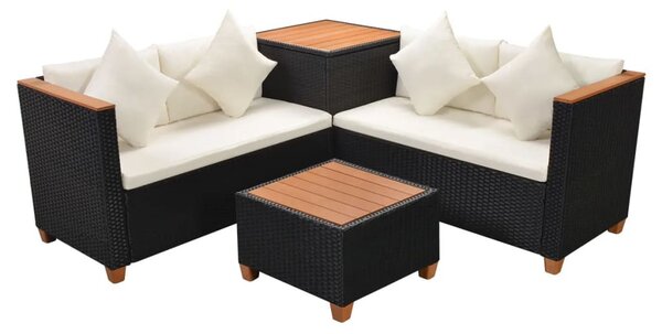 4-részes fekete polyrattan kerti bútorszett párnákkal