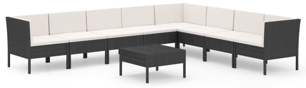 9 részes fekete polyrattan kerti ülőgarnitúra párnákkal