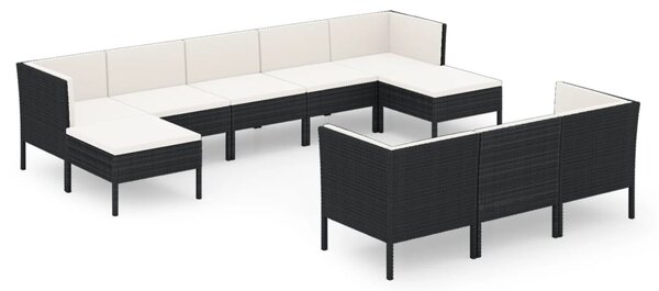 10 részes fekete polyrattan kerti bútorszett párnákkal