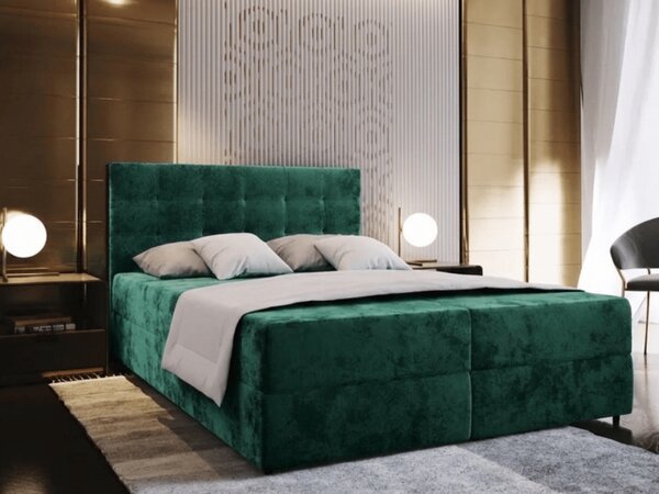 Kárpitozott boxspring ágy GLORIEN VELVET 160x200 cm sötétzöld Matrac: Bonell rugós matrac