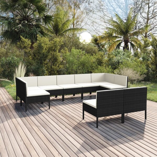 9 részes fekete polyrattan kerti ülőgarnitúra párnákkal