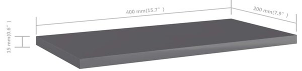 8 db magasfényű szürke forgácslap könyvespolc 40 x 20 x 1,5 cm