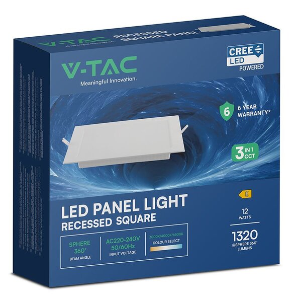 V-TAC CREE SMD süllyeszthető, műanyag IP20, négyzet LED panel 12W, CCT - SKU 104836