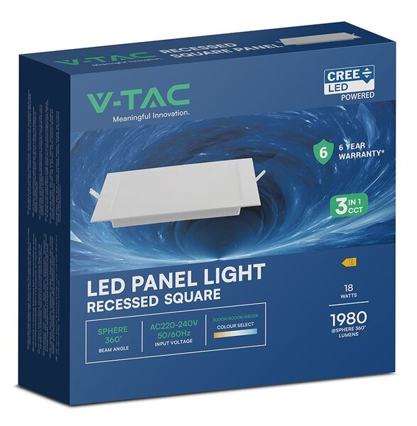 V-TAC CREE SMD süllyeszthető, műanyag IP20, négyzet LED panel 18W, CCT - SKU 104866