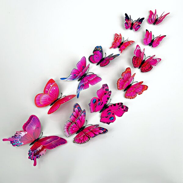 Falmatrica "Reális műanyag 3D pillangók, dupla szárnyakkal - rózsaszín" 12db 6-12 cm