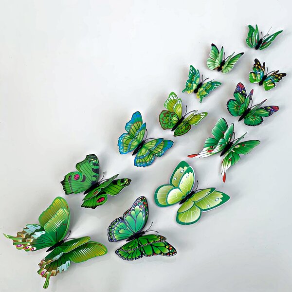 Falmatrica "Reális műanyag 3D pillangók, dupla szárnyakkal - zöld" 12db 6-12 cm