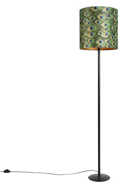 Fekete állólámpa bársony árnyékolóval, páva arany 40 cm - Simplo