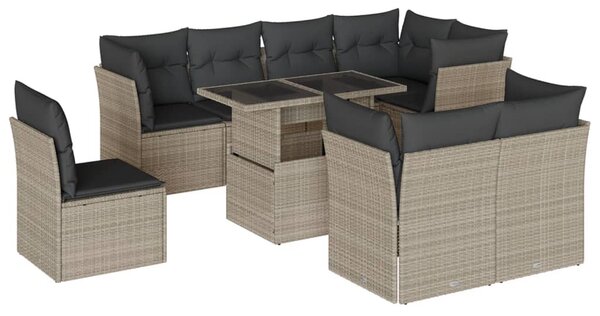 9 részes világosszürke polyrattan kerti ülőgarnitúra párnával