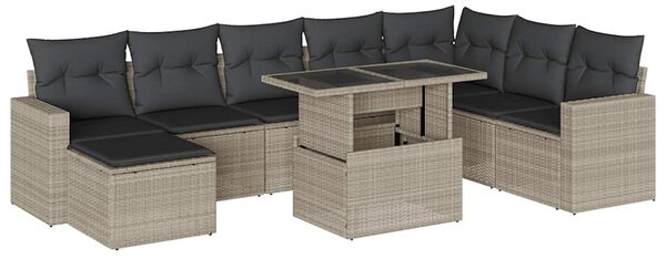 9 részes világosszürke polyrattan kerti ülőgarnitúra párnával