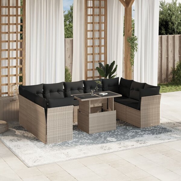 10 részes világosszürke polyrattan kerti ülőgarnitúra párnákkal