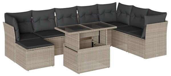 9 részes világosszürke polyrattan kerti ülőgarnitúra párnával