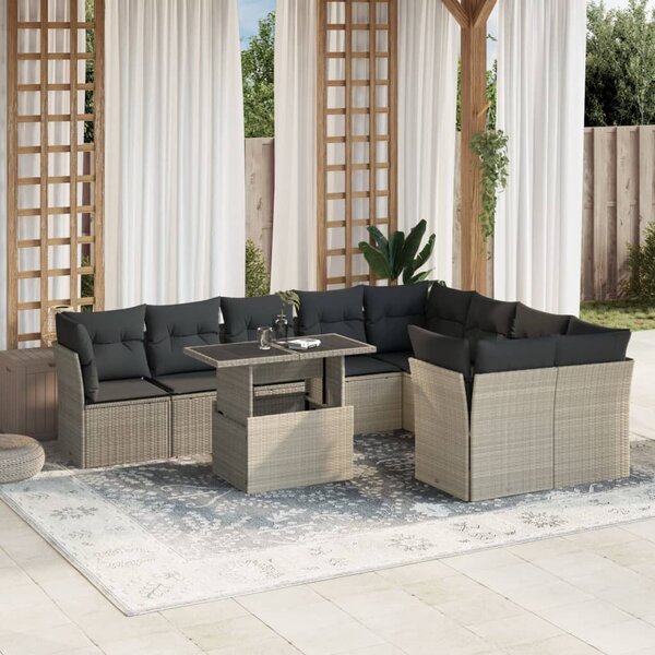 10 részes világosszürke polyrattan kerti ülőgarnitúra párnákkal