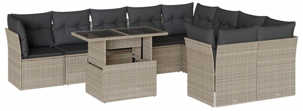 10 részes világosszürke polyrattan kerti ülőgarnitúra párnákkal