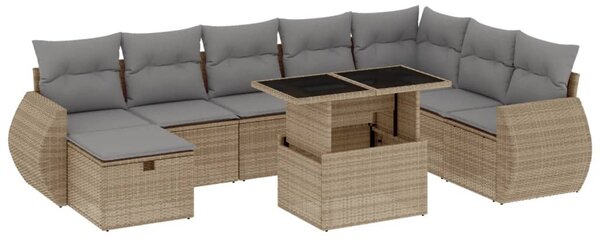 9 részes bézs polyrattan kerti ülőgarnitúra párnákkal
