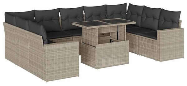 10 részes világosszürke polyrattan kerti ülőgarnitúra párnákkal