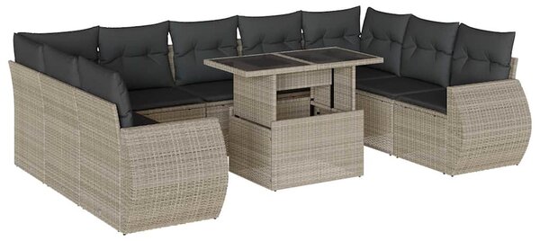 10 részes világosszürke polyrattan kerti ülőgarnitúra párnákkal