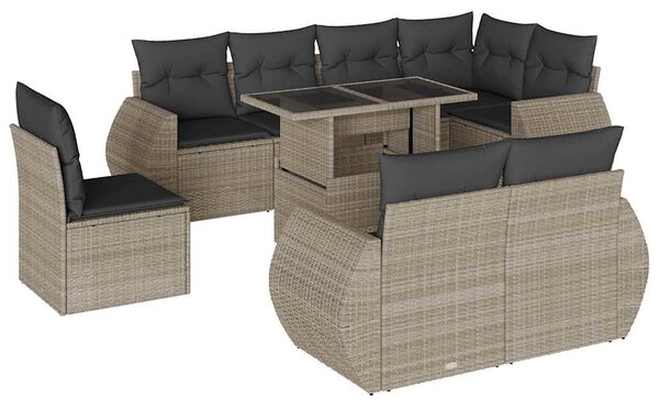 9 részes világosszürke polyrattan kerti ülőgarnitúra párnával