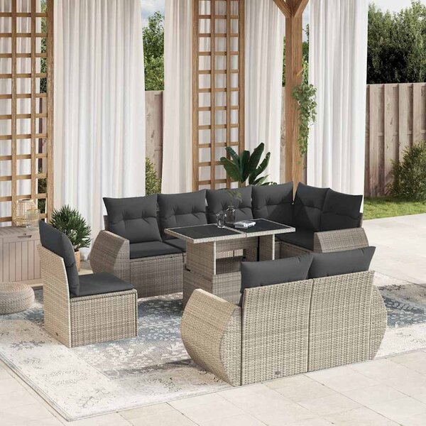 9 részes világosszürke polyrattan kerti ülőgarnitúra párnával