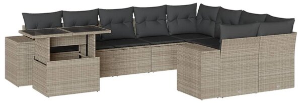 10 részes világosszürke polyrattan kerti ülőgarnitúra párnákkal