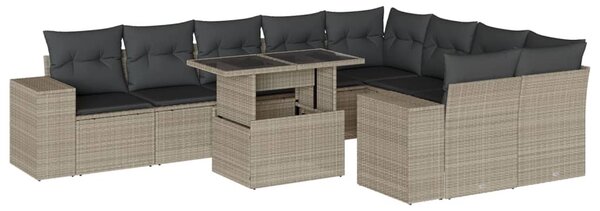 10 részes világosszürke polyrattan kerti ülőgarnitúra párnákkal