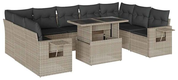 10 részes világosszürke polyrattan kerti ülőgarnitúra párnákkal