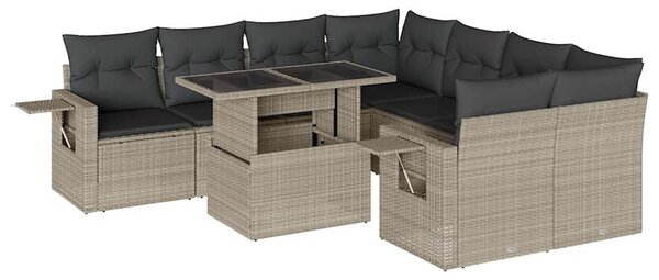 9 részes világosszürke polyrattan kerti ülőgarnitúra párnával