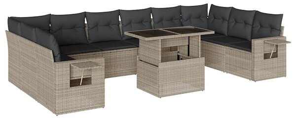11 részes világosszürke polyrattan kerti ülőgarnitúra párnákkal