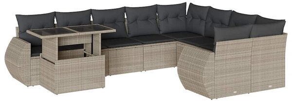 10 részes világosszürke polyrattan kerti ülőgarnitúra párnákkal
