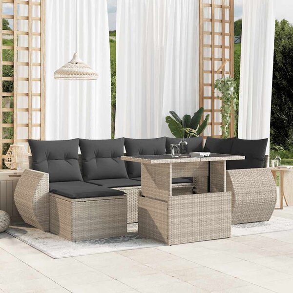 7 részes világosszürke polyrattan kerti ülőgarnitúra párnákkal