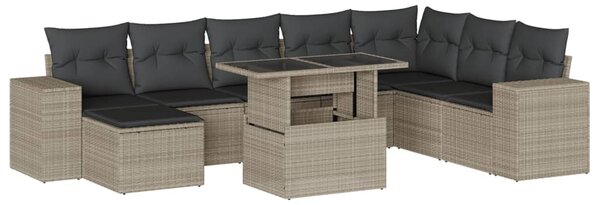 9 részes világosszürke polyrattan kerti ülőgarnitúra párnával