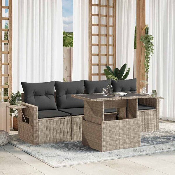 5 részes világosszürke polyrattan kerti ülőgarnitúra párnákkal