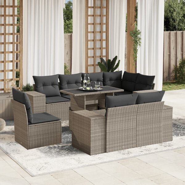 9 részes világosszürke polyrattan kerti ülőgarnitúra párnával