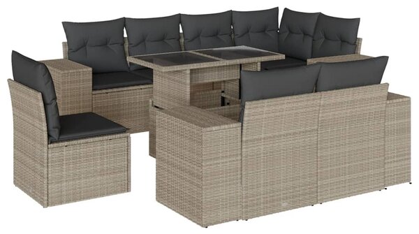 9 részes világosszürke polyrattan kerti ülőgarnitúra párnával