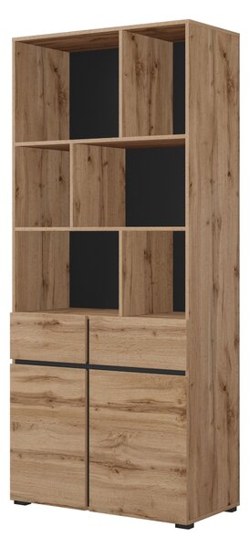 Könyvespolc Alfere 126, Ajtókkal, Nyitott, Fiókokkal, Laminált forgácslap, 190x85x39cm, Wotan tölgy, Fekete