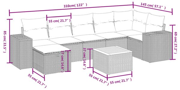 8 részes fekete polyrattan kerti ülőgarnitúra párnákkal