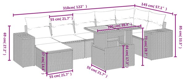 8 részes fekete polyrattan kerti ülőgarnitúra párnákkal