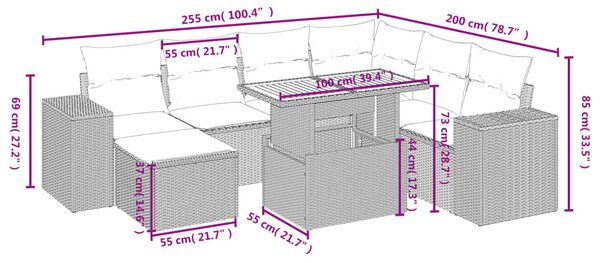 8 részes fekete polyrattan kerti ülőgarnitúra párnákkal