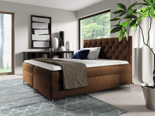 Wilsondo GULIETTE ágyneműtartós kárpitozott boxspring ágy matracokkal 140x200 - barna