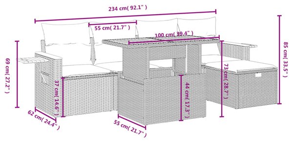 6 részes fekete polyrattan kerti ülőgarnitúra párnákkal