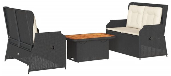3 részes fekete polyrattan kerti ülőgarnitúra párnákkal