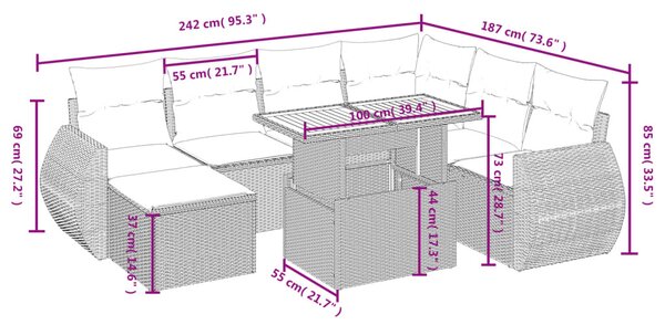 8 részes fekete polyrattan kerti ülőgarnitúra párnákkal