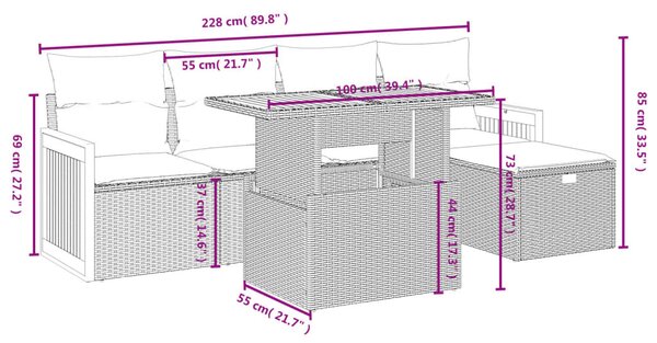 6 részes fekete polyrattan kerti ülőgarnitúra párnákkal