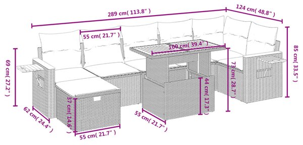 8 részes szürke polyrattan kerti ülőgarnitúra párnákkal