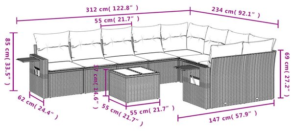 10 részes bézs polyrattan kerti ülőgarnitúra párnával