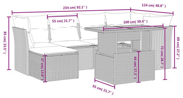 7 részes fekete polyrattan kerti ülőgarnitúra párnával