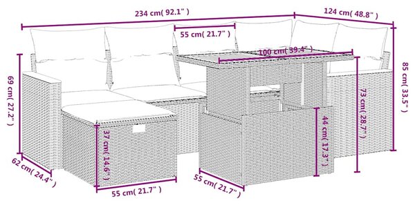 7 részes bézs polyrattan kerti ülőgarnitúra párnákkal