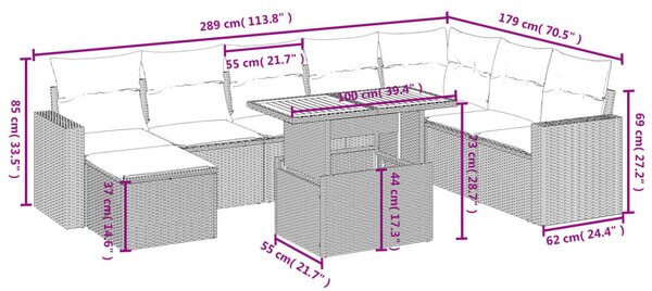 9 részes bézs polyrattan kerti ülőgarnitúra párnákkal