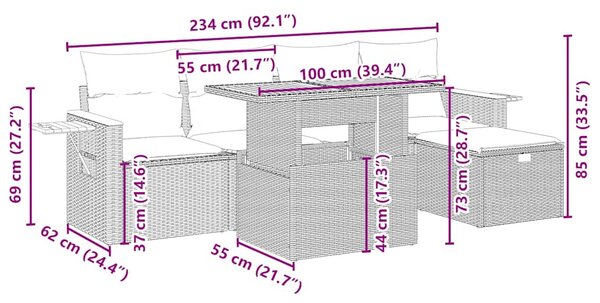 6 részes bézs polyrattan kerti ülőgarnitúra párnával
